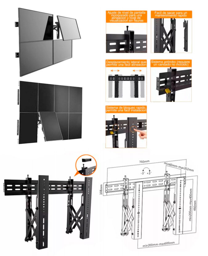 Soporte videowall tipo push para anclar grandes pantallas de tv Soporte videowall tipo push para anclar grandes pantallas de tv